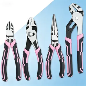 Premium CR-V Steel Pliers Set 4-Piece, Long Nose, Diagonal Cutting, Groove Joint and Slip Joint Pliers - Pink Ribbon, Multipurpose Professional Tool Kit, Heavy Duty Hand Tool for DIY, Household, and Workshop Use