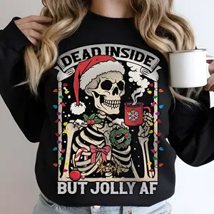 Retro Dead Inside Skeleton Christmas Sweatshirt, Coffee Lover Christmas Sweater, Dead Inside But Jolly AF Shirt, Skeleton Christmas Lights Shirt