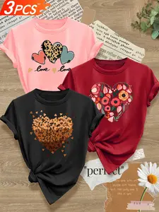 Women's 3-Pack Crew Neck T-Shirts, Floral Heart, Leopard Heart & Gradient Heart Print, Multiple Colors Available, Machine Washable, Spring & Summer Top, Soft Skin-Friendly Fabric, Daily Versatile, Fashion Design