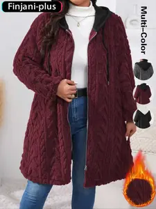 Plus Size Women's Coral Fleece Hooded Jacket, Casual Fall Winter Zipper Coat, Warm Long Sleeve Outerwear for Ladies