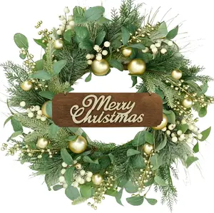 20-Inch Artificial Christmas Wreath for Front Door, Featuring Champagne Gold Berries and Christmas Balls, Perfect for Farmhouse-Style Indoor and Outdoor Holiday Home Decor