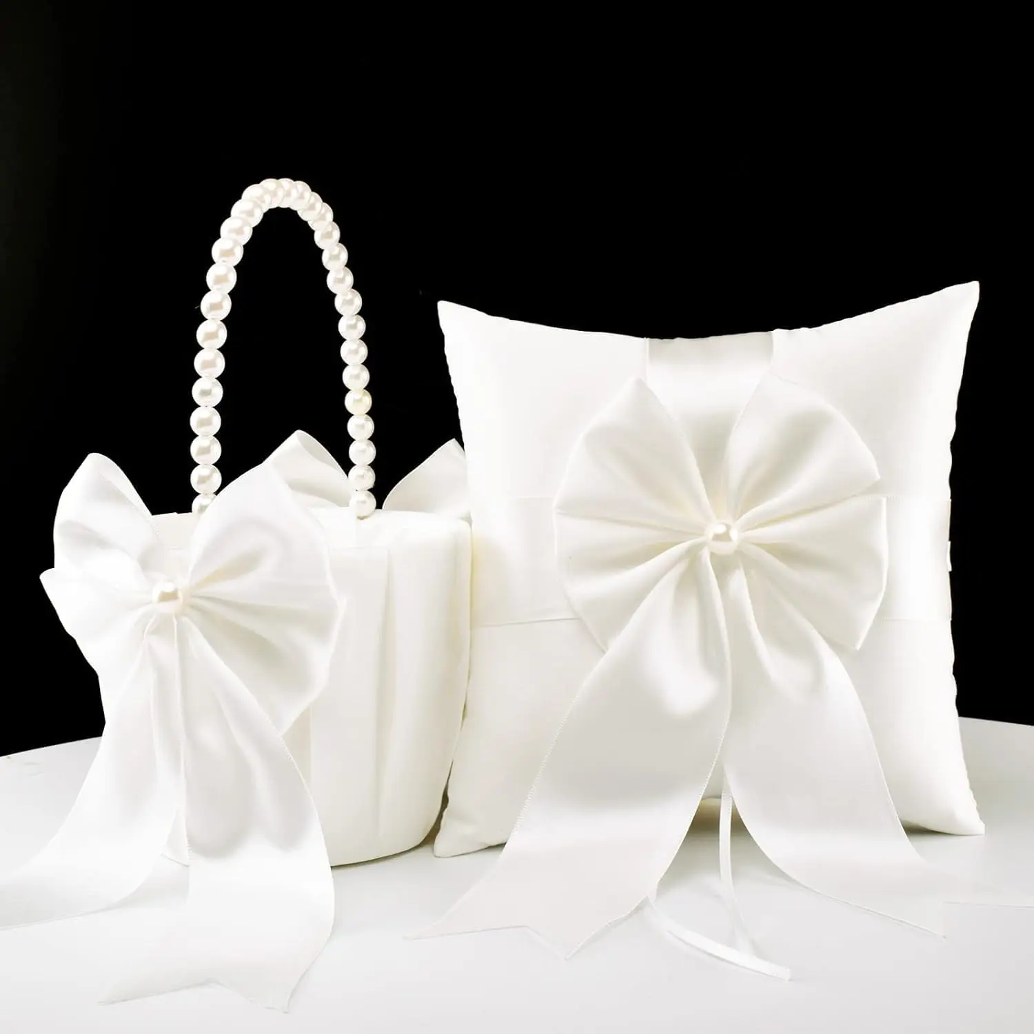 Flower Girl Baskets and Ring Bearer Pillow Set, Flower Girl Basket with Pearl Handle, Ivory Fariy Wedding Baskets for Flower Girls, Ring Pillow for Ring Boy ATAILOVE