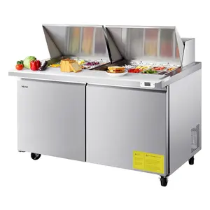 VEVOR 60W Commercial Refrigerator, 15.4 Cu. Ft Sandwich Prep Refrigerated Table, Mega Top Food Prep Fridge with 24 Pans and Cutting Board, Stainless Steel Salad Prep Cooler for Restaurant, Food Truck
