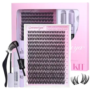 Geeneiya FLORA Lashes Clusters Kit DIY Lash Extension, 8-18MM Wispy Lash Clusters, Ultra-thin Band Eyelash Extension Kit with Waterproof Black Lash Bond and Seal, Lash Remover, Tweezers for Beginners