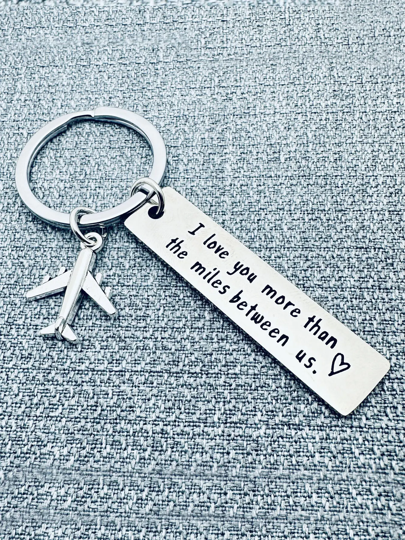 Stainless Steel Keychain Key Fob, Engraved "I Love You More Than the Miles Between Us" with Airplane Charm and Hearts, Ideal Long-Distance Gift for Boyfriends, Girlfriends, Perfect for Birthdays, Anniversaries, Keyrings for keys