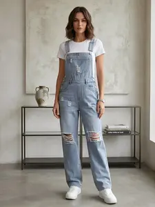 Women's Plain Ripped Straight Leg Denim Jumpsuit, Casual Comfy Jumpsuit, Casual Fitted Street Vintage Sleeveless Pocket Jumpsuit for Daily Wear, Multi Pocket Overalls