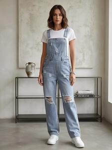 women's plain ripped straight leg denim jumpsuit, chic casual fitted street vintage sleeveless pocket jumpsuit for daily wear, jumpsuit for women, overalls for women tomboy, overalls, ladies clothes for all seasons, womenswear, dungarees