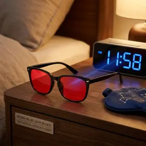 Anti-Blue Light Protection Non-Prescription Sleep Glasses - Gloss Black Feather Light Frames, Red Dark Neutral-Tone Shades Lenses, for Night Phone Gaming, Improves Sleep Quality, Anti-Blue Light Protection Non-Prescription Glasses, Dark Lenses Non-Prescri