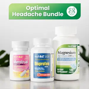 HealthA2Z Optimal Headache Bundle | Ibuprofen 200 mg (250 Tablets, Pack of 1) + Menstrual Complete Pain Relief (90 Tablets, Pack of 1) + Magnesium Glycinate 240 mg (180 Capsules, 3-month Supply, Pack of 1) | All-Around Relief for Everyday Headaches