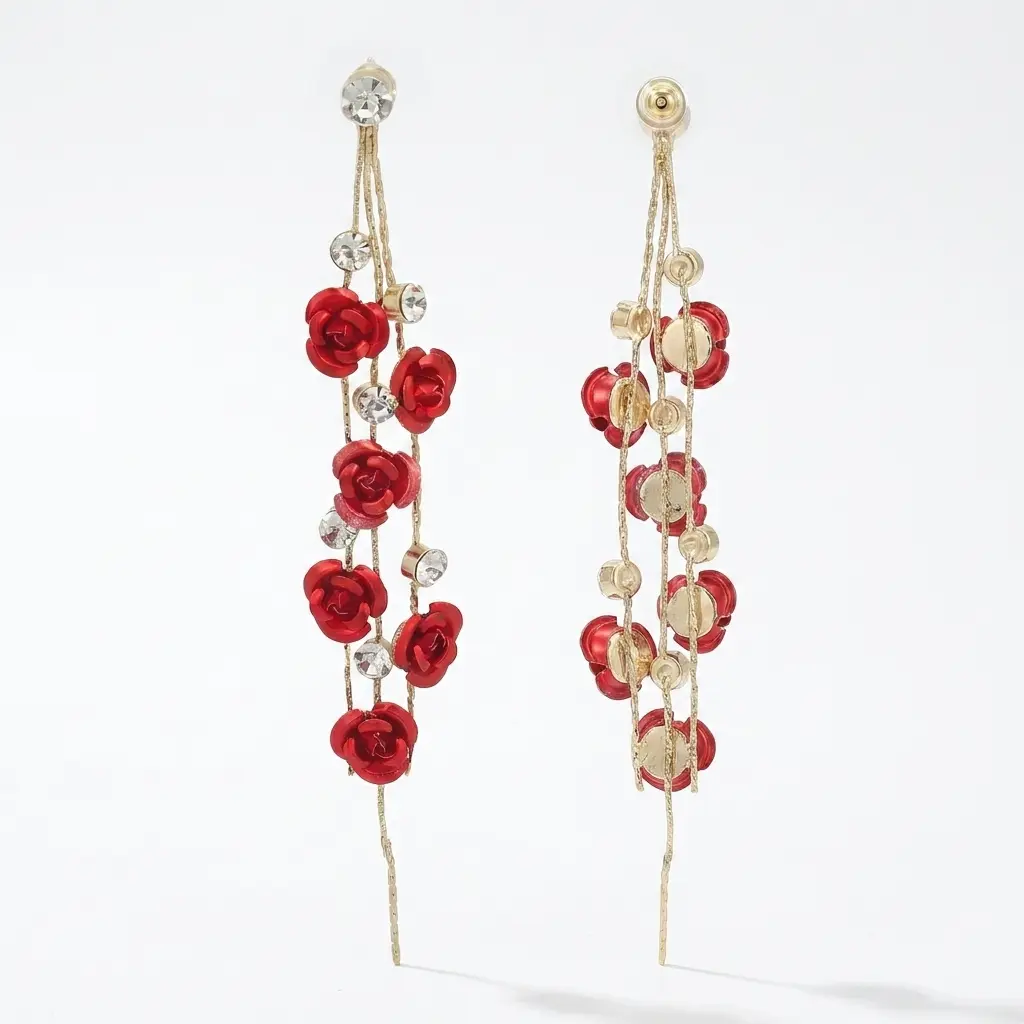 Dangle Earrings for Women, Gold-Plated Red Rose Floral Chandelier with Sparkling CZ, Hypoallergenic Long Statement Jewelry for Weddings & Parties, Rose Flowers, Brass Alloy, Artistic Red Rose Earrings, 3D Floral Earrings