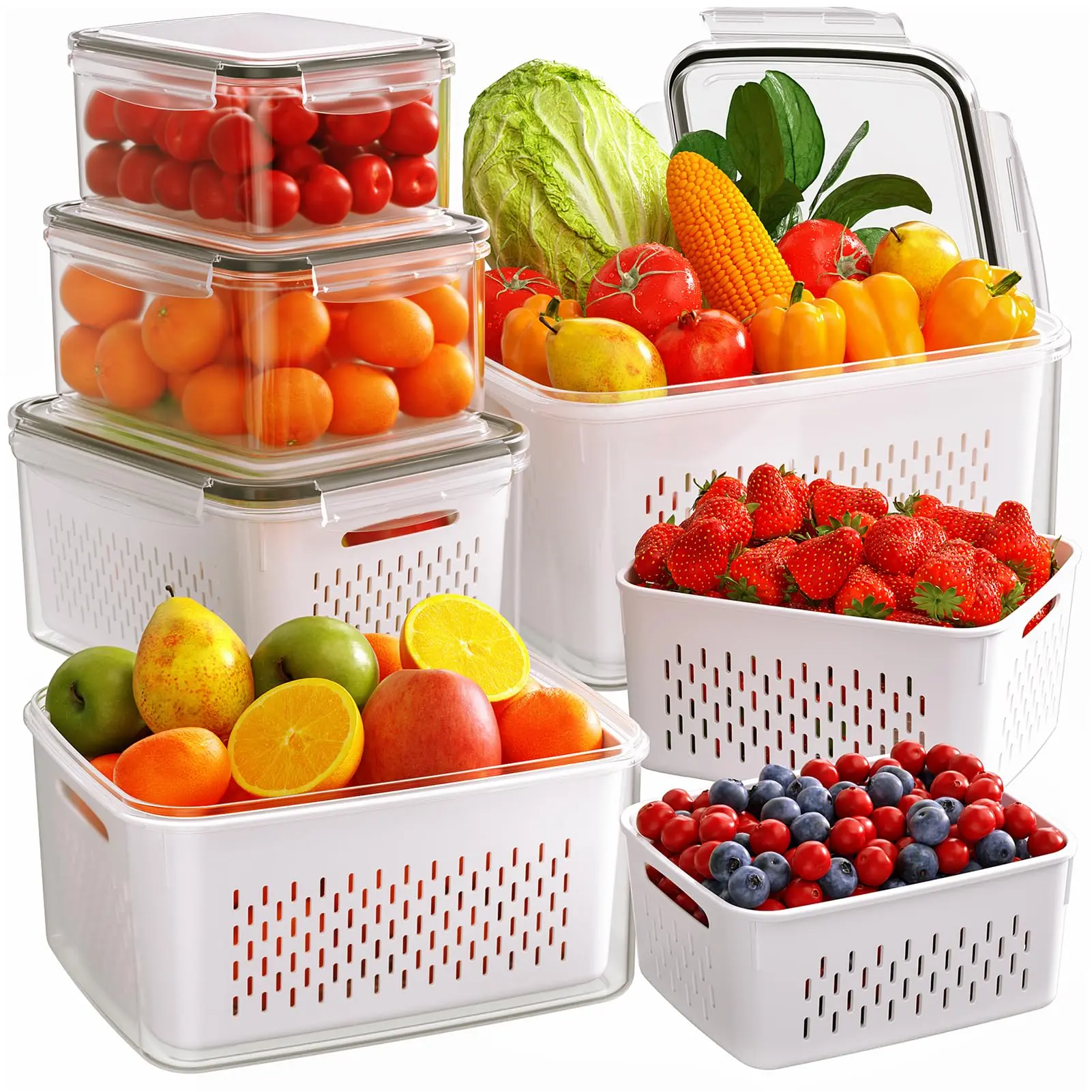 5/6-Pack BPA-Free Plastic Fruit & Vegetable Storage Boxes - Double-Layer Drainage, Dual Compartment, Stackable, Airtight Leak-Proof, Snack Containers for Fridge Organization, Dishwasher-Safe Kitchen Organizer