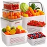5/6-Pack BPA-Free Plastic Rectangular Fruit & Vegetable Snack Containers, Double-Layer Drainage Dual Compartment Airtight Leak-Proof, Stacks to Free Shelf Space, -4°F Freezer Use, Dishwasher-Safe Fridge Kitchen Organizer with Utensils