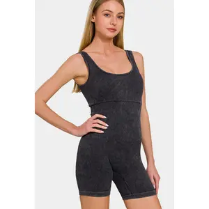Zenana Washed Ribbed Romper with Pad