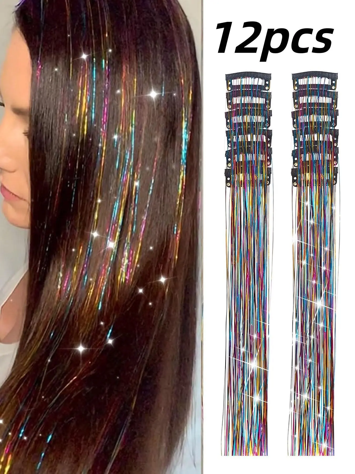 Fairy Hair Metal Wire Set, 12-Piece Clip-On Rainbow Hair Accessories, 20-Inch Sparkling Hair Extensions for Women & Girls, Festive Hair Accessories, Hair Tinsel Kit