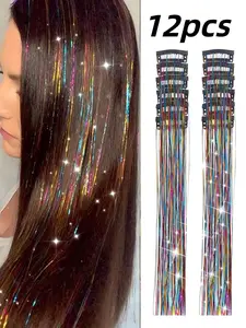 Fairy Hair Metal Wire Set, 12-Piece Clip-On Rainbow Hair Accessories, 20-Inch Sparkling Hair Extensions for Women & Girls, Festive Hair Accessories