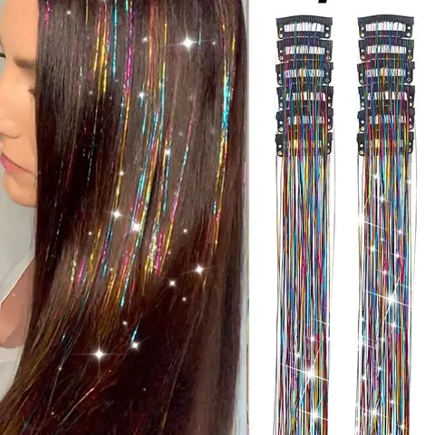 Fairy Hair Metal Wire Set, 12-Piece Clip-On Rainbow Hair Accessories, 20-Inch Sparkling Glitter Hair Extensions for Women & Girls, Festive Hair Accessories, Holographic Hair Tinsel Kit