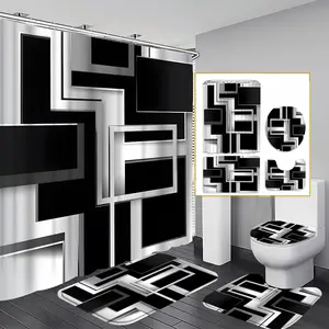 1/3/4PCS Geometric Square Shower Curtain Set, 71x71 Inches, Includes Background Pattern, Comes with 12 Hooks, 1/3/4pcs Options