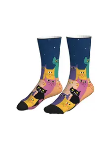 Men Women Dark Blue Night Background Stacked Multicolor Cat Mid Calf Socks Cute Minimalist Animal Streetwear Socks