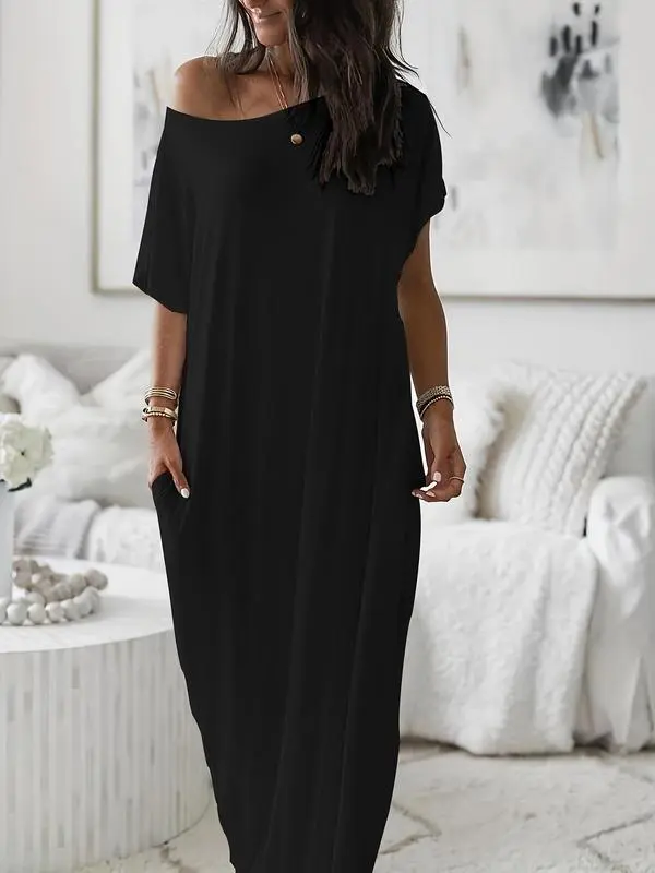 Women's Plus Size Off-Shoulder Shortsleeve Maxi Dress - Chic, Elegant Style, Loose Fit, Casual Everyday Gown with Pockets, Plus Size Fashion, Maxi Dress For Women, Comfortable, Plus Size Clothes, Long Length