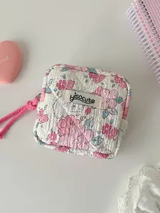 Fashionable Girl Floral Sanitary Towel Storage Bag, Portable Square Small Makeup Bag, Student Cotton Pad Case, Cute Design, Zipper Pouches, Travel Organization Pouch, Pouch Organizer