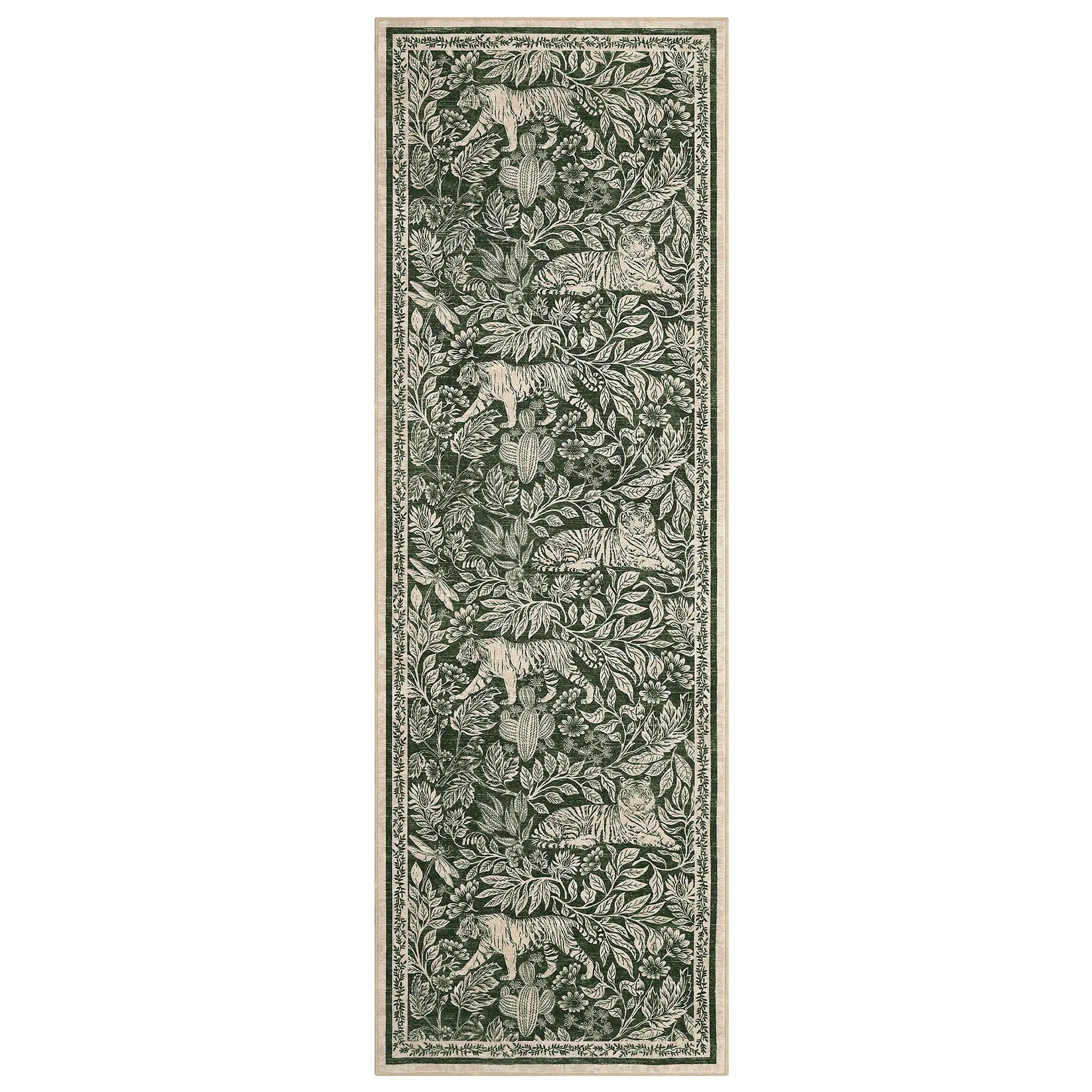 6 ft Rectangular Low Pile Polyester Runner Rug, 2-Pack High-Traffic Stain-Proof Green Forest Tiger Print, Modern Machine Washable for Hallway, Entryway, Two-Pack