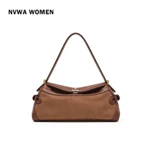 Trendy Brown Suede Purse Women's 90s Baguette Bag Maillard Aesthetic Shoulder Handbag East West Satchel for Date Work