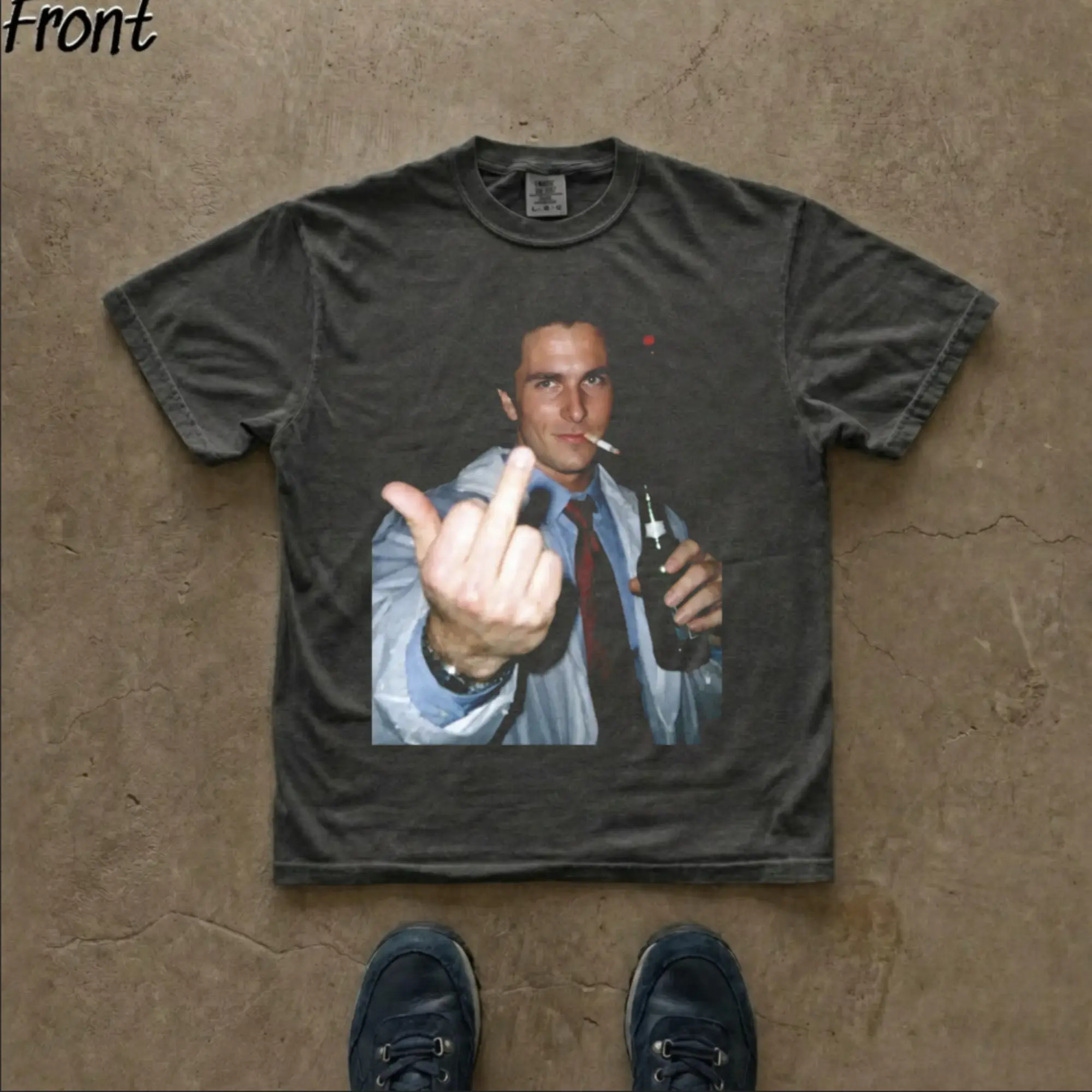 Vintage Patrick Bateman American Psycho Drinking Beer Middle Finger T-Shirt - Funny Movie Meme Graphic Tee, Chill Savage Shirt, Funny Movie Graphic Tee, Fitted Shortleeve T-Shirt - Men's Black Round Neck Menswear, Gift For Men, Gift For Women
