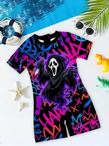 Scream Ghostface Cyber Graffiti Style Black Base Neon Print Short-Sleeve One-Piece Kids Swimsuit - Beach & Pool Scene + Cool Ghostface (Knife, Smoke) Cartoon, Skin-Friendly & Breathable, Ideal for Beach & Summer Water Play