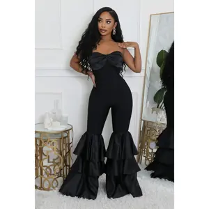 TABITHA BLACK STRAPLESS RUFFLE LEG JUMPSUIT