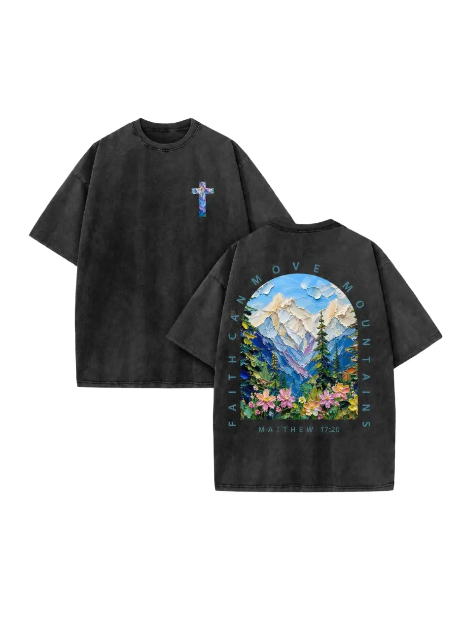 BACK TO SCHOOLImpasto Vintage Acid Wash Faith Can Move Mountains Christian Mountain Tee Oversized Washed Cotton Double Sided Swirl Texture Inlaid Cross Front Thick Palette Knife Mountain Wildflower Arch Matthew 1720 Courag