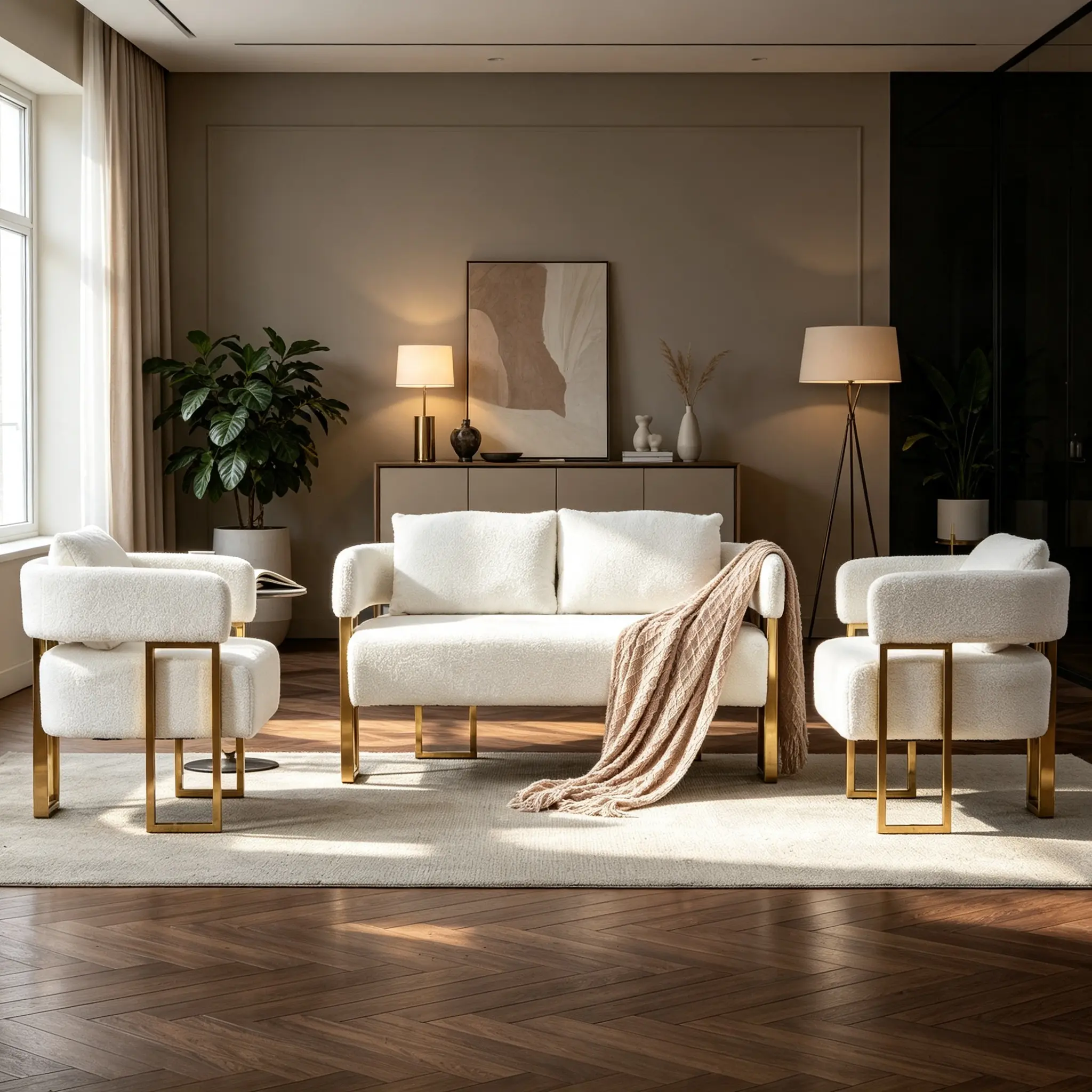 Modern Teddy Fleece Accent Chair with Gold Metal Legs. Luxurious Living Room Side Chair, Plush Upholstered Sofa, No Wheels, Dressing Area Reception Office Seating, Square Golden Base, High Rebound Foam, Classic Contemporary Design.