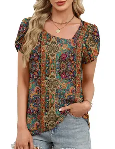 Women's Short Sleeve Tops Summer V-Neck Blouses Spring Ruffle Sleeve Tunic Casual T Shirts Bell Sleeve Cute Tee 2026