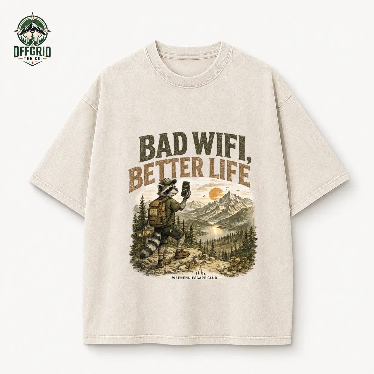 Bad Wifi Better Life Raccoon Hiking T-Shirt, Vintage Outdoor Graphic Tee for Campers, Off Grid Adventure Shirt, Nature Lover Gift, Casual Summer Hiking Top for Men Women