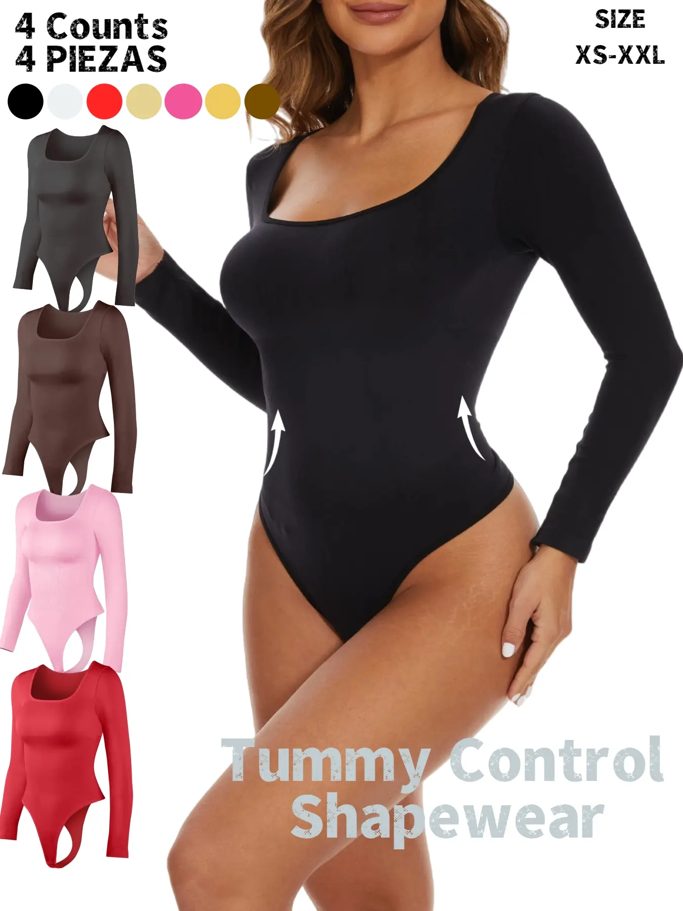 Women's Long Sleeve Smooth Basic Shapewear Bodysuit, Thong Design, Square Neck Slimming Tummy Control, Ladies Underwear & Shapewear, Pieces, Seamless