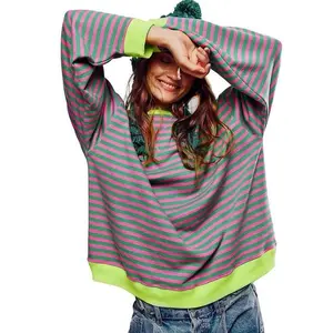 Women's Colorblock Striped Print Contrast Binding Drop Shoulder Sweatshirt, Casual Long Sleeve Round Neck Pullover for Fall & Winter, Ladies Clothes for Daily Wear��gift��