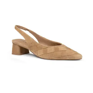 Women's Genuine Sheepskin Leather Slingback Pumps,  Pointed Toe, 2 Inches Block Heel  Woven Leather Heels for Work Office Casual Platform Sandals Footwear