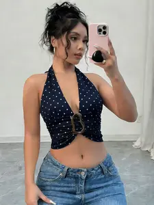 Women's Casual Tie Design Metal Buckle Graphic Sleeveless Top, Slim Fit Asymmetrical Hem, Stylish Summer Tank, Elegant Sleeveless Cami for Every Occasion