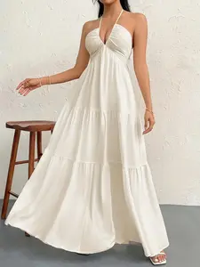 Plus Size Backless Halter Neck Long Dress, Bow Design, Loose Fit, Elegance, Bohemian, Casual Summer Beach Vacation, Women's Sleeveless Plain Dress, Casual Wear