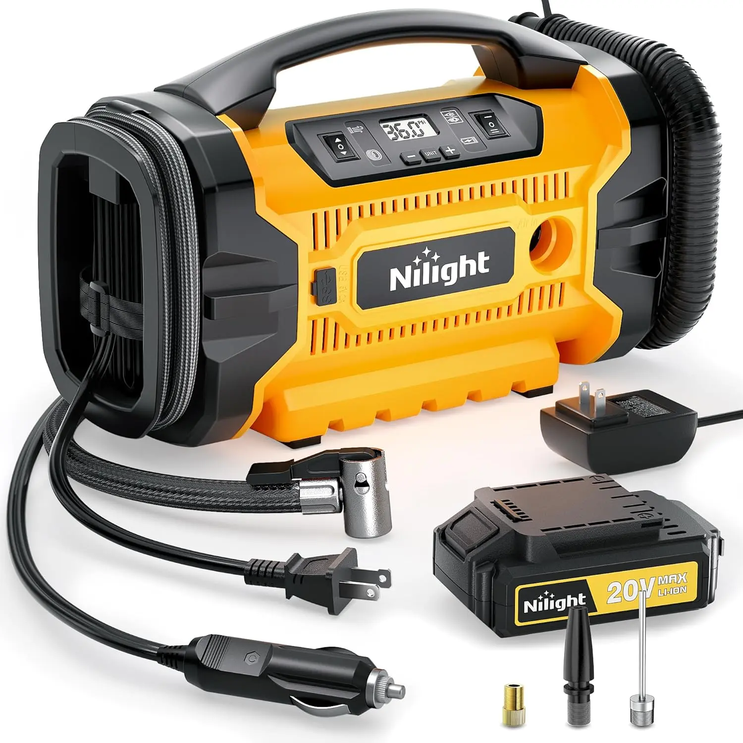 Nilight Cordless Compact Tire Inflator - 1500mAh Rechargeable Battery, 12V Digital Fast Inflation Pump with Auto Shutoff, Automotive Vehicle Tire Inflator for Cars/SUVs, Motorcycle, Cordless Tire Inflator