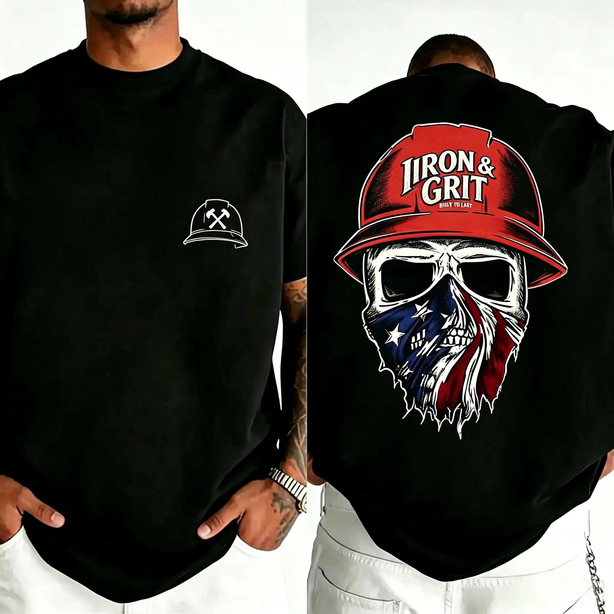 Men's 100% Heavyweight Cotton Short-Sleeve Round Neck T-Shirt - Unisex Retro Classic Fit, Plain Front, Milwaukee Iron & Grit USA Flag Skull Graphic, Vintage Streetwear-Workwear Menswear Top, Auto Mechanic Gift