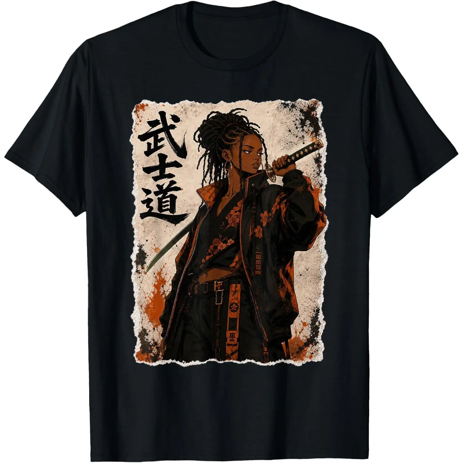 100%cotton Afro Samurai Woman Warrior Katana Japanese Black Anime Girl T-Shirt