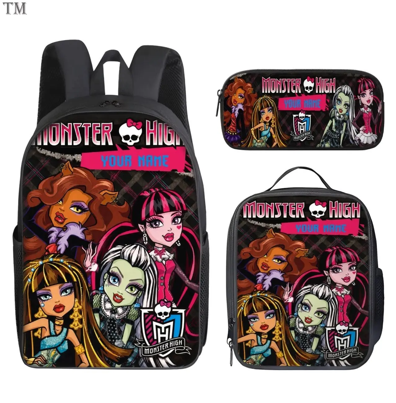 Custom Name Y2K Cute Goth Fashion Doll Student Backpack Set | 3Pcs School Bag Insulated Lunch Bag Pencil Case | Personalized Gift for Kids