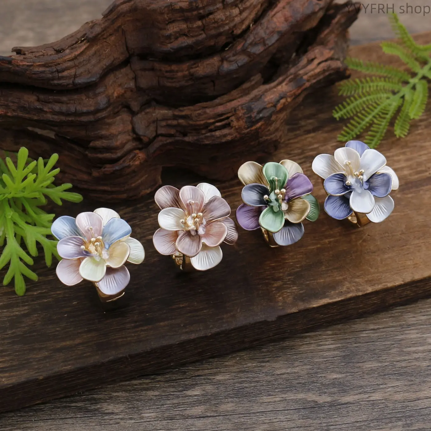 Elegant Spring Summer Floral Enamel Stretch Ring, Unique Geometric Petal Elastic Band High-End Alloy Ring for Ladies Dating Outfit