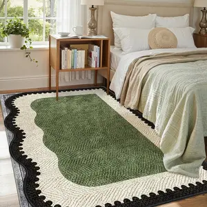 Washable area rug, Home Decorative Rug, soft and comfortable Olive green herringbone pattern with cream scalloped border, non-slip rubber backing Suitable for living room, bedroom, dining room, furniture decor aesthetic