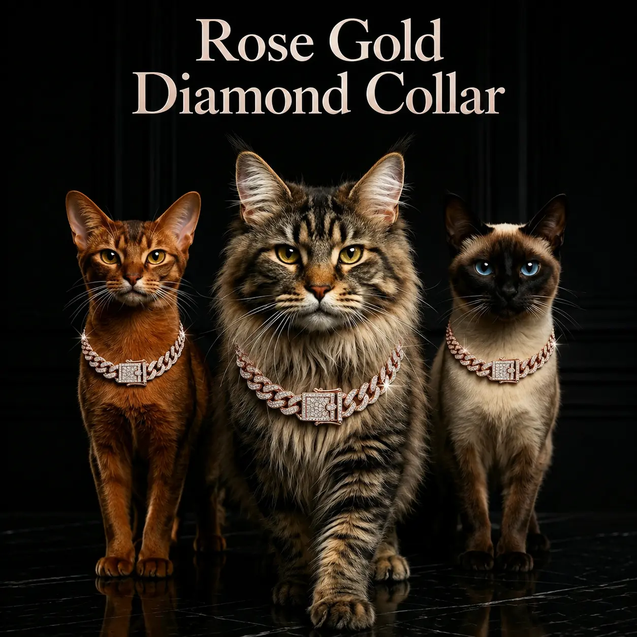 Rose gold crystal luxurious exterior Cuban-style pet collar with an elegant design and a safety buckle, suitable for all seasons and ideal for medium to large cats and small dogs.