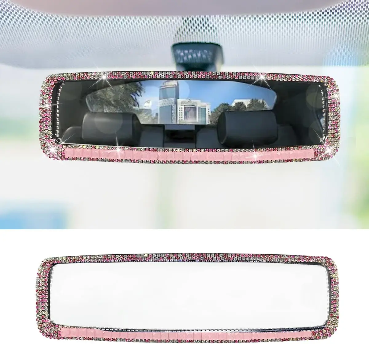 Bling Rhinestone Panoramic Rear View Mirror Clip-On Mirror, Pink