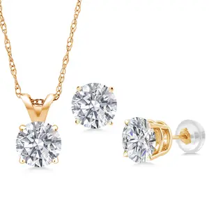 Gem Stone King 14K Yellow Gold Lab Grown Diamond Pendant and Earrings Jewelry Set For Women | 2.22 Cttw | Gemstone April Birthstone | Round 6MM | DEF Color | VVS-VS Clarity | With 18 Inch Chain