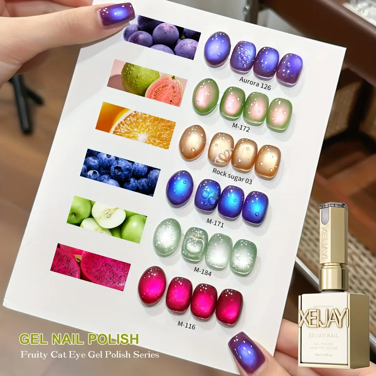 XEIJAYI Photo Frame Bottle Fruit Cat Eye Nail Polish Set — 6 Colors, Ultra-Bright Cat Eye Series, Magnetic Gel Nail Polish, Fashion Salon Art Design, Sparkling Glossy Brilliant Cat Eye Finish, Women’s Nail Art Tools