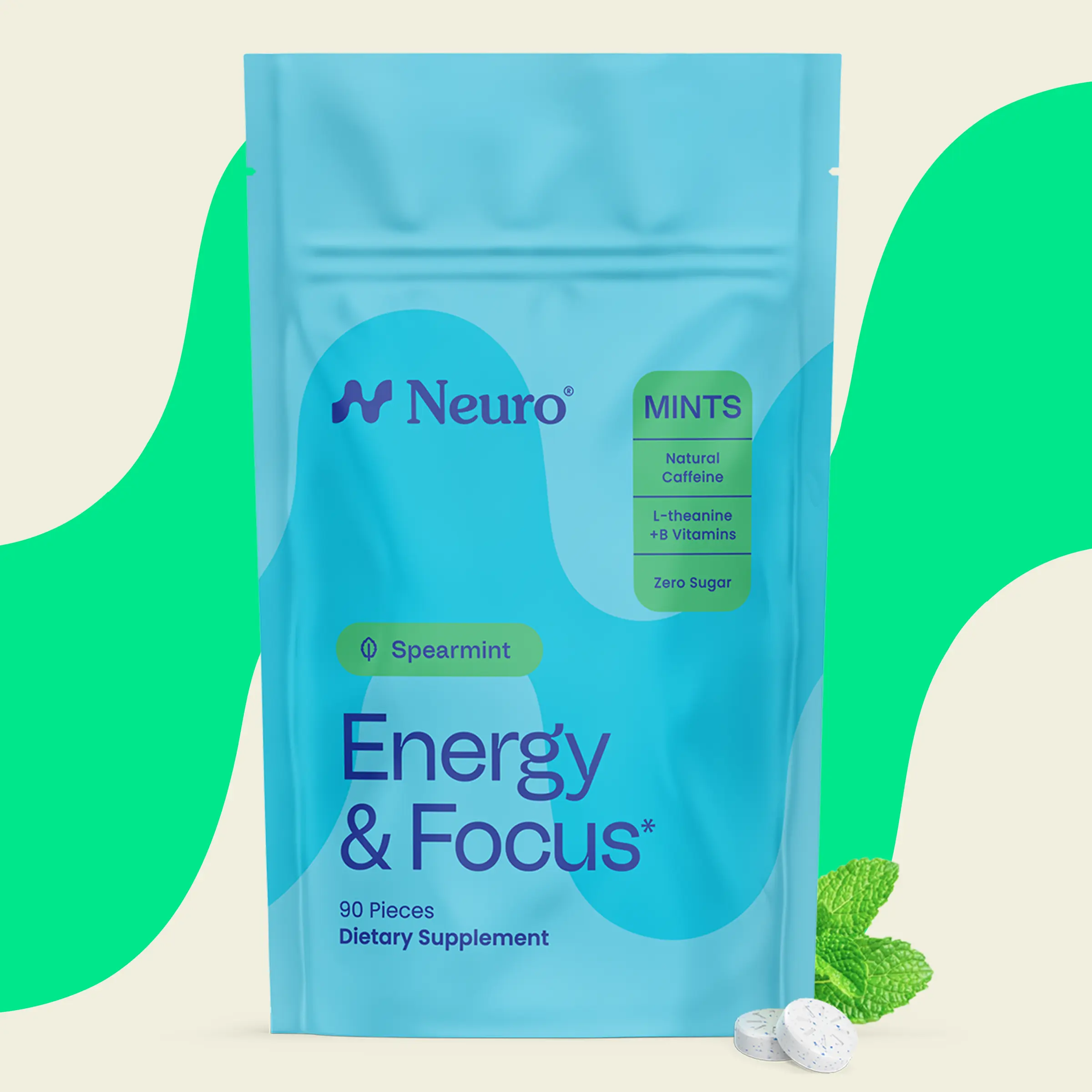 Neuro Spearmint Energy & Focus Mints (90 Pieces) - Sugar Free with Natural Caffeine, L-theanine, Vitamin B12 & Vitamin B6