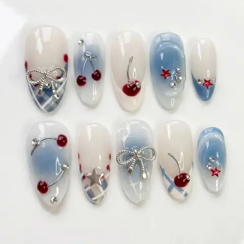 Cherry Press on Nails Almond Handmade Fake Nails with 3D Flower Bow Design Cute 10PCS False Nails Summer Stick on Nails for Women, Glue On Nails, Almond Shape Nails